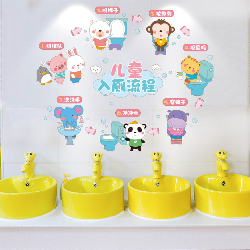 幼儿园上厕所图入厕流程儿童洗手七步骤示意图卫生间墙面装饰贴纸