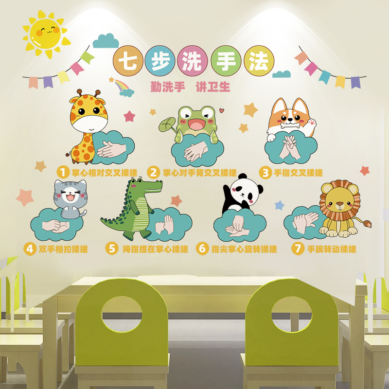 幼儿园儿童七步洗手法墙贴纸流程步骤图卡通贴画防水墙面装饰布置