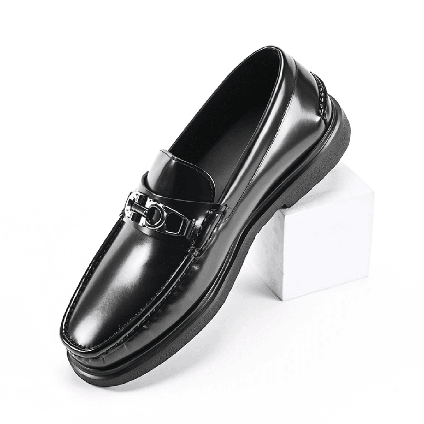 2025新款高级亮皮豆豆鞋一脚蹬金属马衔扣商务正装头层牛皮乐福鞋