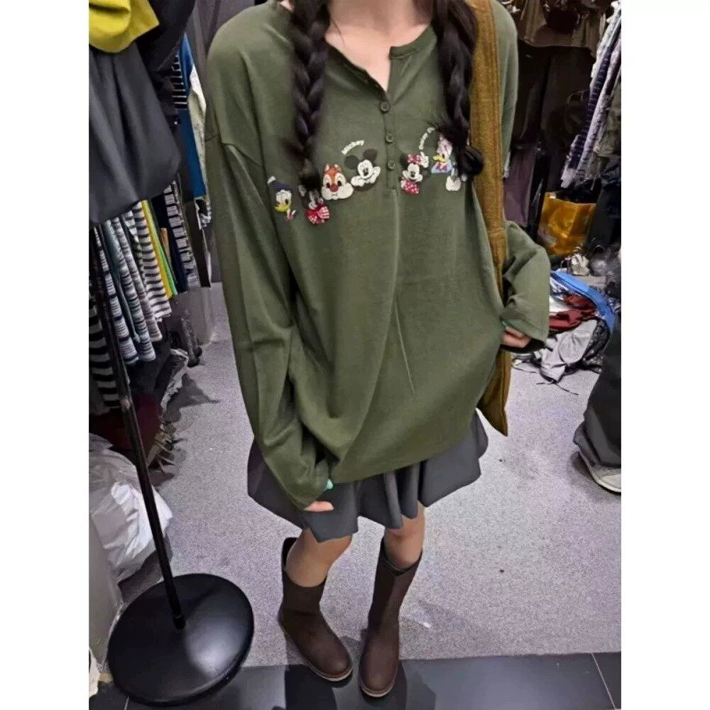 韩版卡通印花半开领长袖T恤女秋季胖mm2-300斤大码休闲亨利衫上衣