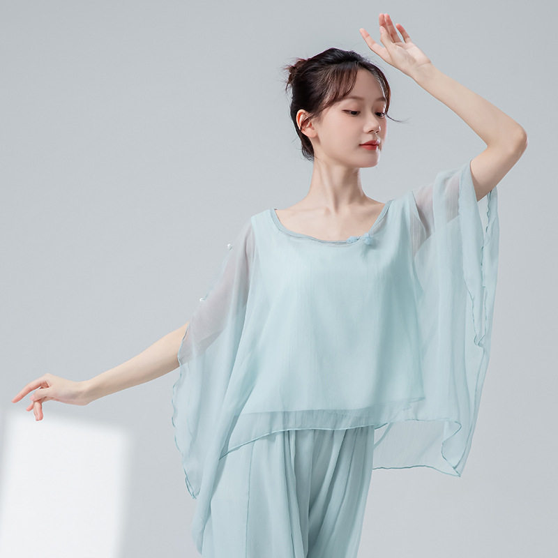 古典舞服身韵宽松假两件钉花网纱罩衫上衣形体服现代舞成人练功服