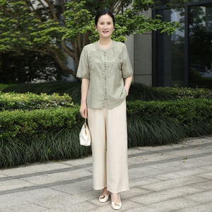 2024新款夏季短袖新中式衬衫两件套中年妈妈装洋气天丝棉套装女