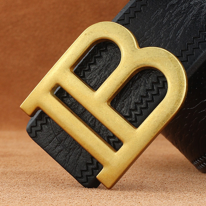 单层纯皮大男士皮带复古潮流B字母平滑扣腰带时尚百搭棕色宽裤带