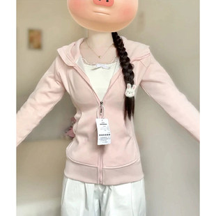 修身卫衣外套女巨好看的早秋穿搭韩系秋季女款收腰上衣粉色薄款薄