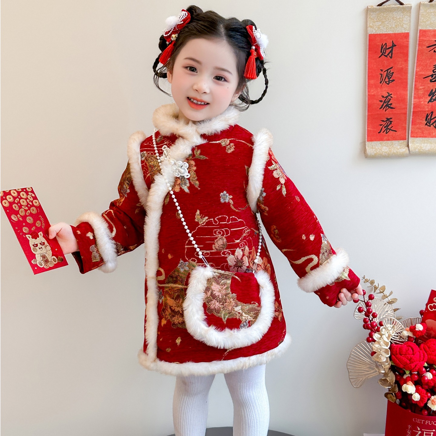 女小童汉服旗袍裙冬季儿童加绒拜年服冬装女宝宝新中式喜庆连衣裙