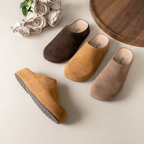 动态防水真皮内增高5CM勃肯鞋女2026新款一脚蹬厚底包头半拖鞋女