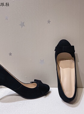 黑色羊反绒圆头细跟高跟鞋33码小码真皮女鞋OL职业浅口单鞋大码鞋