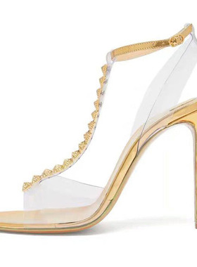 欧美风格2025夏季新品铆钉银色金色透明PVCT型一字带细跟凉鞋女鞋