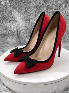欧美风格12CM尖头超细跟红底高跟鞋蝴蝶结浅口高跟鞋34-44码女鞋