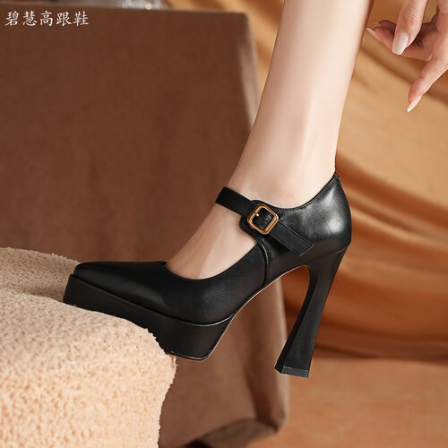 12CM恨天高粗跟防水台一字带单鞋