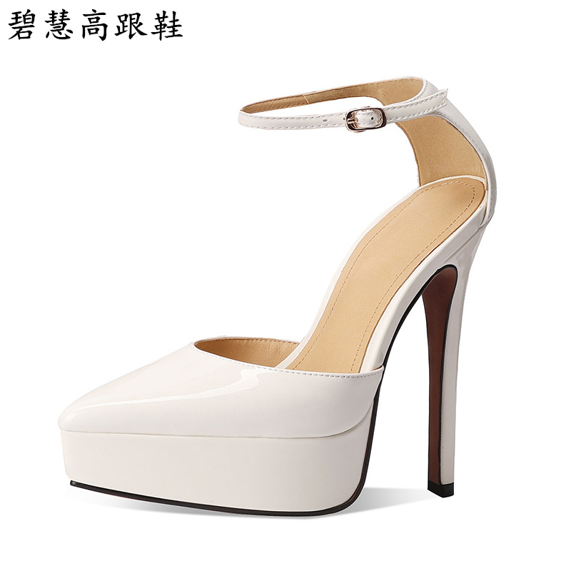 14CM尖头防水台中空一字带高跟鞋