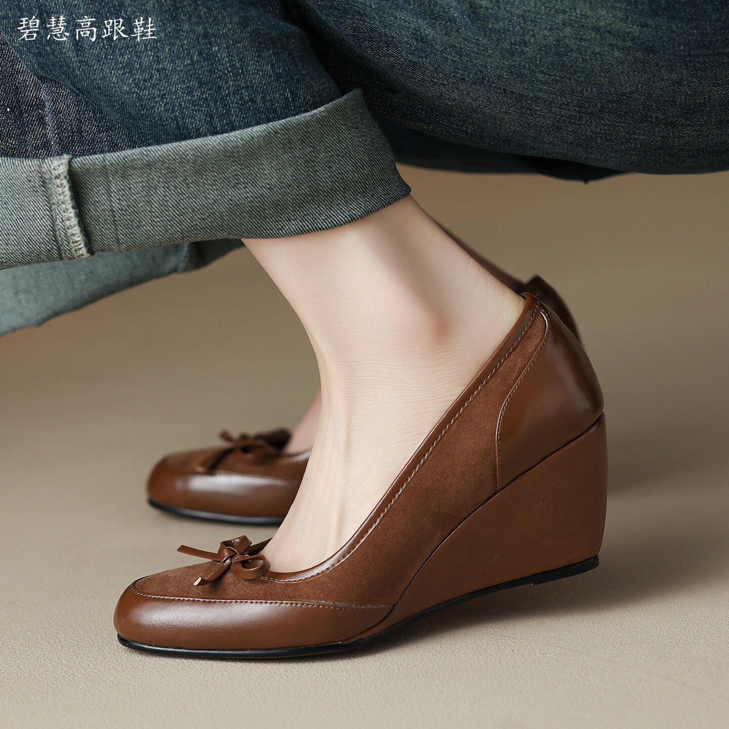 32-40码6.5CM坡跟蝴蝶结真皮女鞋