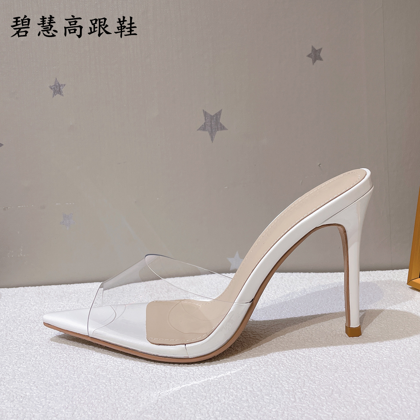 透明PVC尖头露趾高跟凉鞋拖鞋
