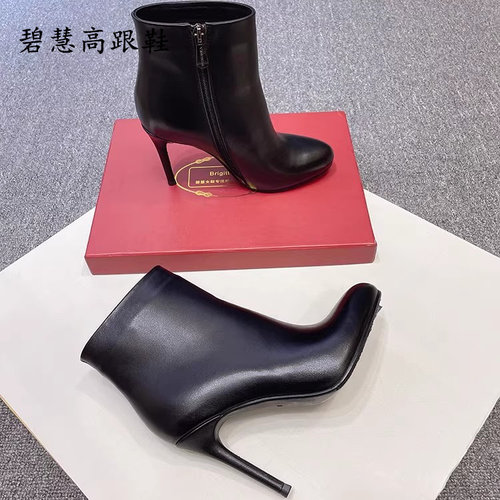 新品圆头细跟高跟短靴真皮女靴