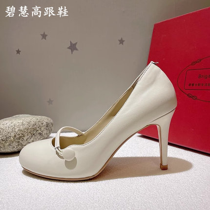 巨软舒适米白色玛丽珍复古圆头一字带高跟鞋软皮牛皮女鞋浅口单鞋