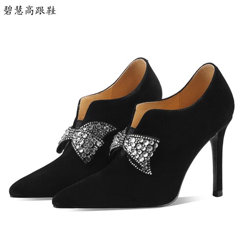 高品质羊反绒水钻蝴蝶结尖头女鞋