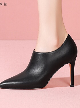 极简百搭御姐风格9CM牛皮尖头细跟深口高跟鞋OL职业女鞋通勤单鞋