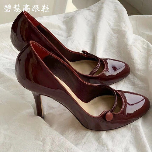 圆头细跟浅口高跟鞋镂空真皮女鞋