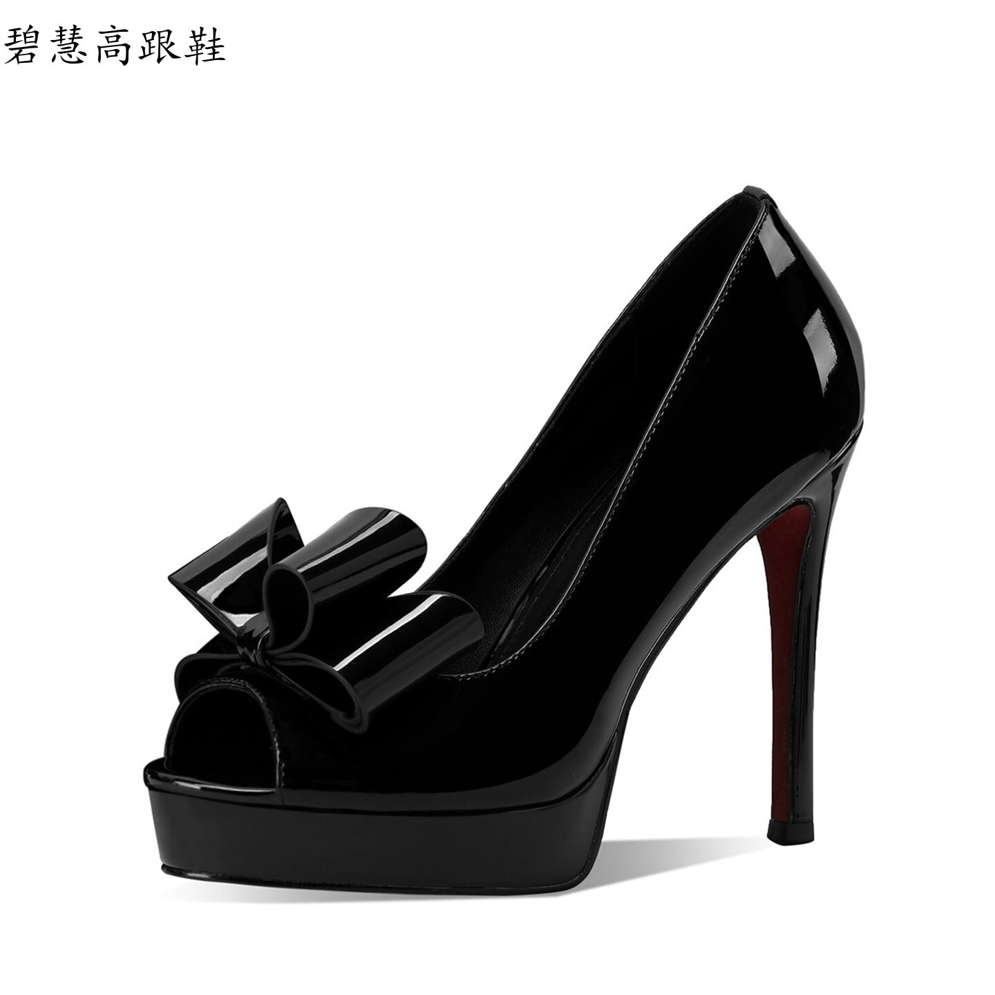 黑色漆皮鱼嘴防水台蝴蝶结高跟鞋