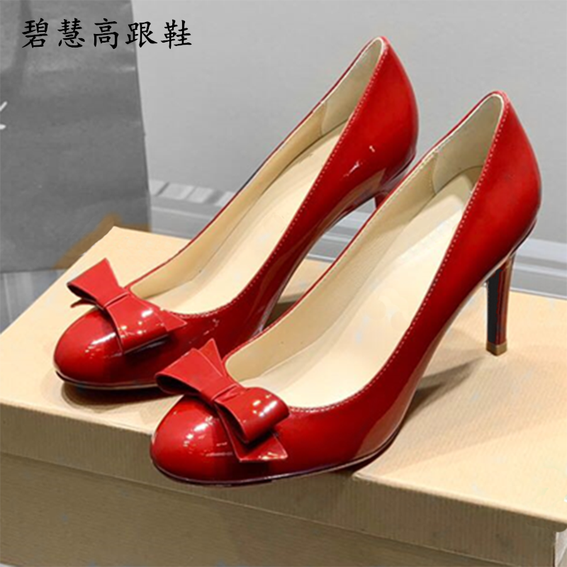 欧美风格红色圆头细跟高跟鞋优雅蝴蝶结时尚真皮单鞋小码鞋大码鞋