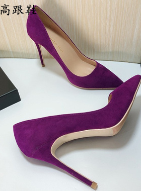 欧美紫色浅口尖头鞋细跟高跟鞋工作鞋绒面细跟舒适女鞋OL职业单鞋