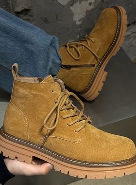 马丁靴男款真皮中帮侧拉链内增高黄色工装鞋秋冬季厚底大黄靴男款