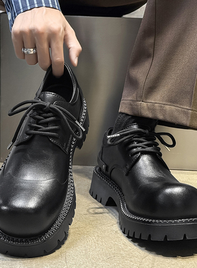 大头米奇翘头德比鞋男款真皮厚底增高黑色英伦风工装情侣拼接皮鞋