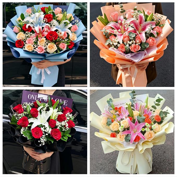 东莞市厚街沙田道滘镇洪梅镇鲜花店同城配送朋友生日玫瑰百合花束