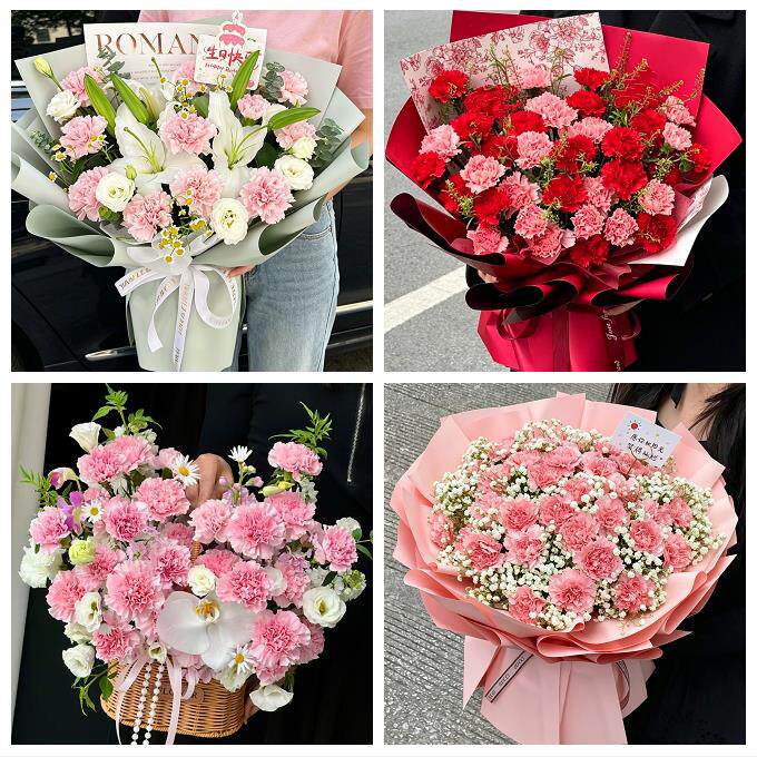 送济南市历下区市中区槐荫区同城鲜花店送父母亲节康乃馨百合花束