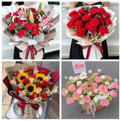 东莞市东坑常平寮步樟木头镇同城鲜花店送父母亲节康乃馨百合花束
