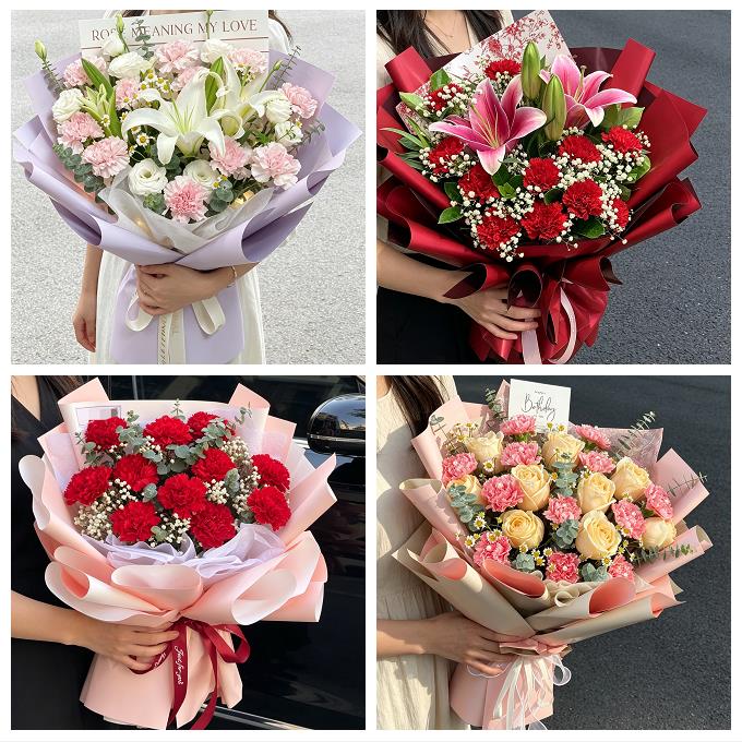 广州市白云黄埔区番禺花都区同城鲜花店送长辈康乃馨百合生日花束