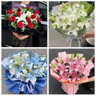 送大庆市红岗区大同区肇州县鲜花店同城配送朋友生日玫瑰百合花束