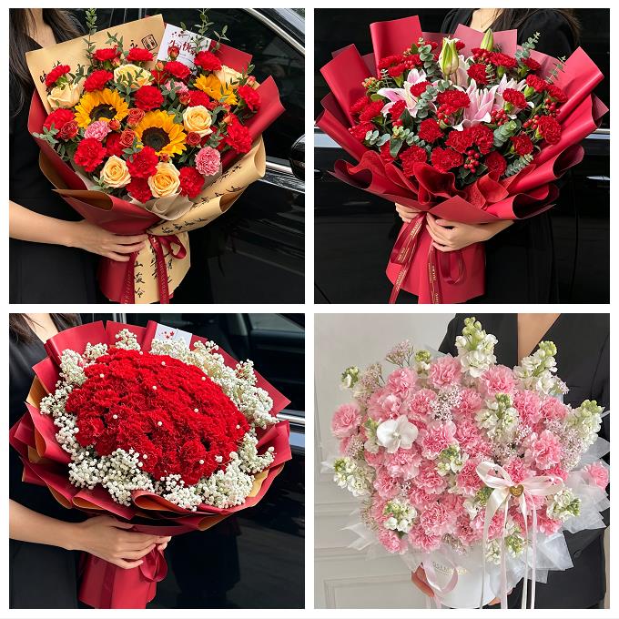 送武汉市武昌区青山区洪山区同城鲜花店送长辈康乃馨百合生日花束