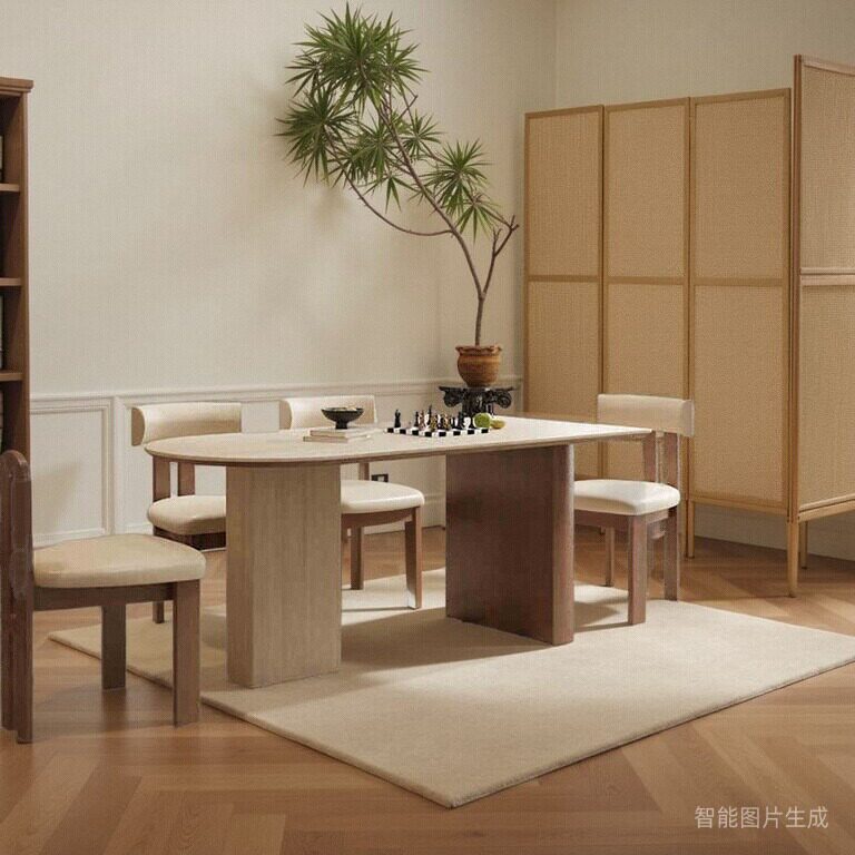 中古风实木洞石岩板餐桌法式复古设计师创意半椭圆岛台餐桌靠墙