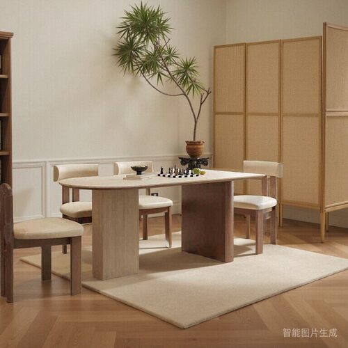 中古风实木洞石岩板餐桌法式复古设计师创意半椭圆岛台餐桌靠墙