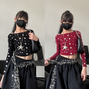 秋季新款童装甜酷女童修身露脐T恤长袖少儿女团爵士舞街舞上衣