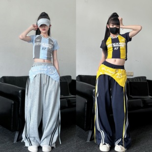 夏季新款童装甜酷女童美式球衣T恤假两件腰封裤爵士舞演出服套装
