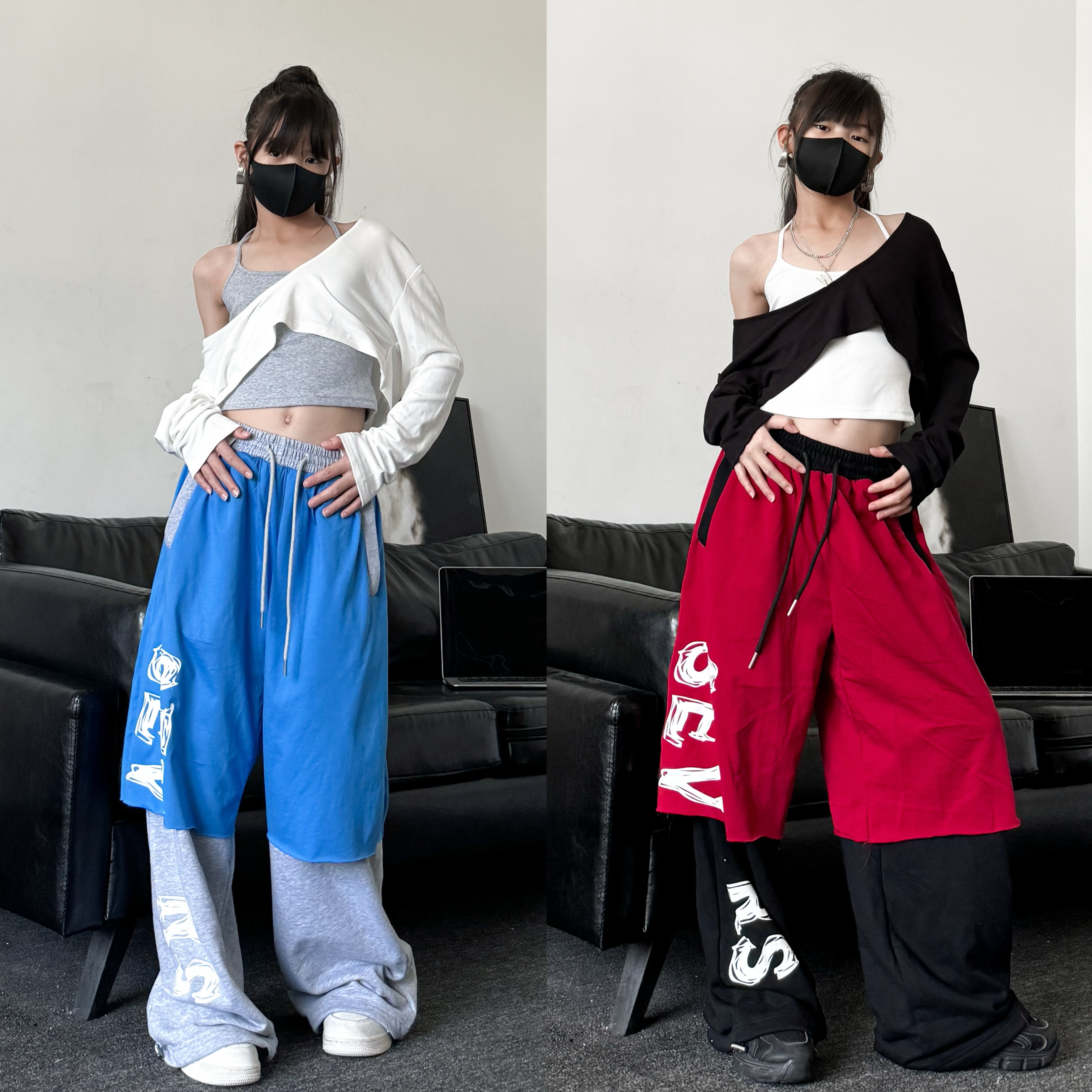 春秋新款潮酷女童爵士舞罩衣背心假两件卫裤少儿街舞演出服套装