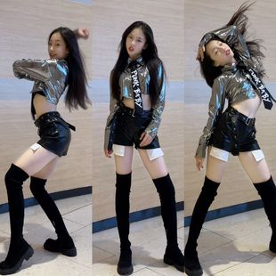 女童银色露脐衬衫皮短裤少儿韩版女团jazz爵士舞服装表演出服套装