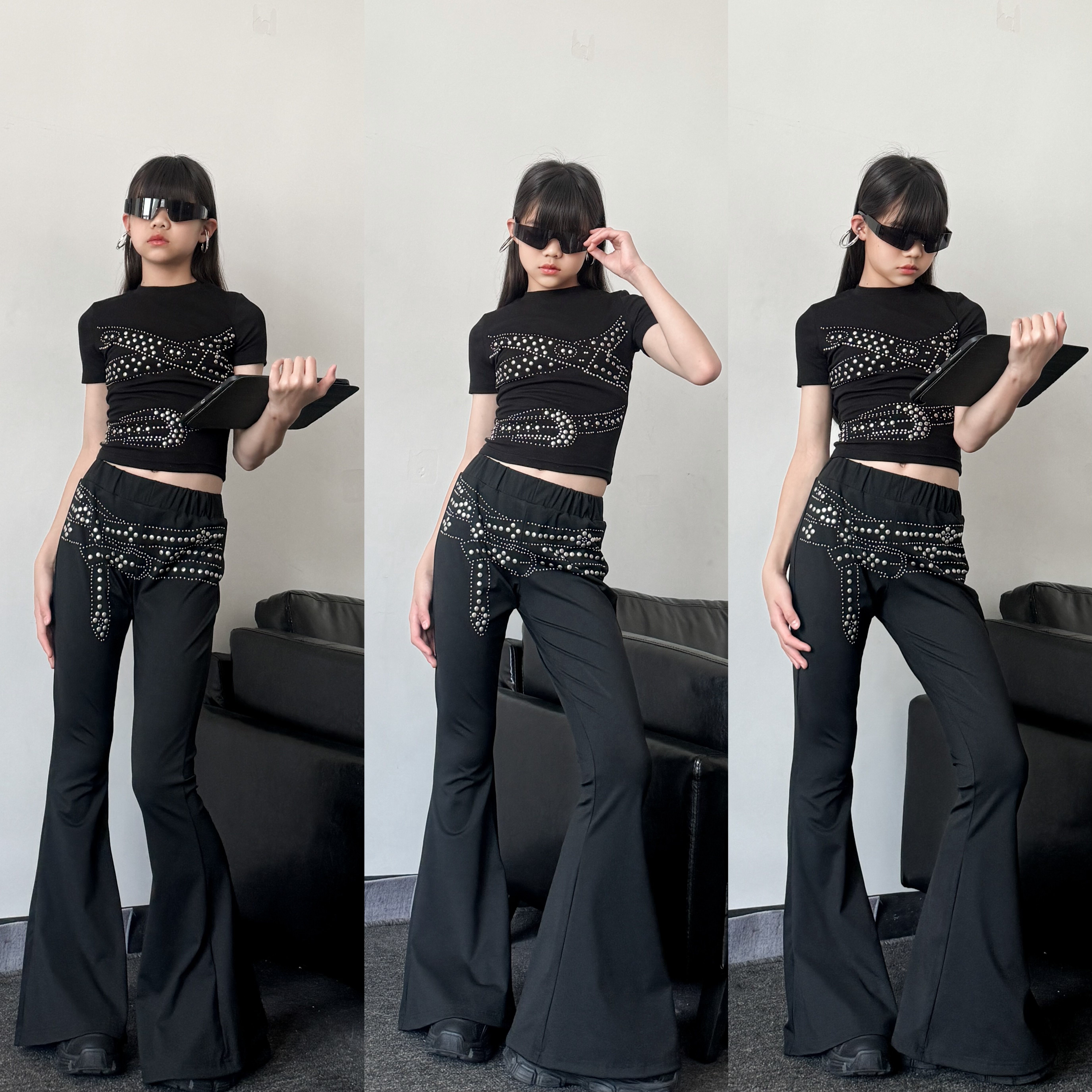 春夏新款童装甜酷女童露脐短袖显瘦显腿长修身喇叭紧身瑜伽裤套装