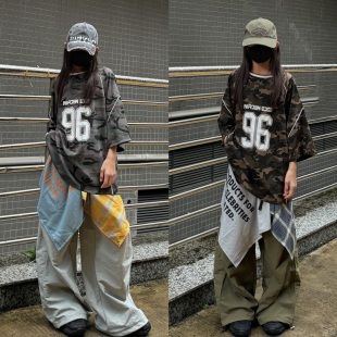 2025夏季新款童装男女童宽松T恤拼接腰封工装裤潮酷儿童街舞套装