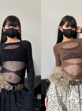 新款潮酷女童儿童演出服爵士舞服少儿舞蹈服网纱闪钻连体修身上衣