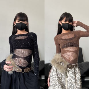 新款 上衣 潮酷女童儿童演出服爵士舞服少儿舞蹈服网纱闪钻连体修身