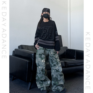 秋季新款童装男女儿童宽松棒球T恤工装迷彩裤少儿街舞演出服套装