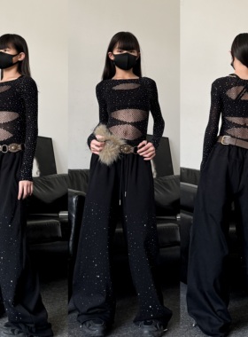 儿童女童爵士舞服少儿舞蹈服网纱满钻连体衣满钻卫裤演出服套装