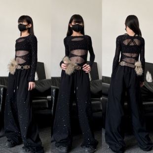 儿童女童爵士舞服少儿舞蹈服网纱满钻连体衣满钻卫裤演出服套装