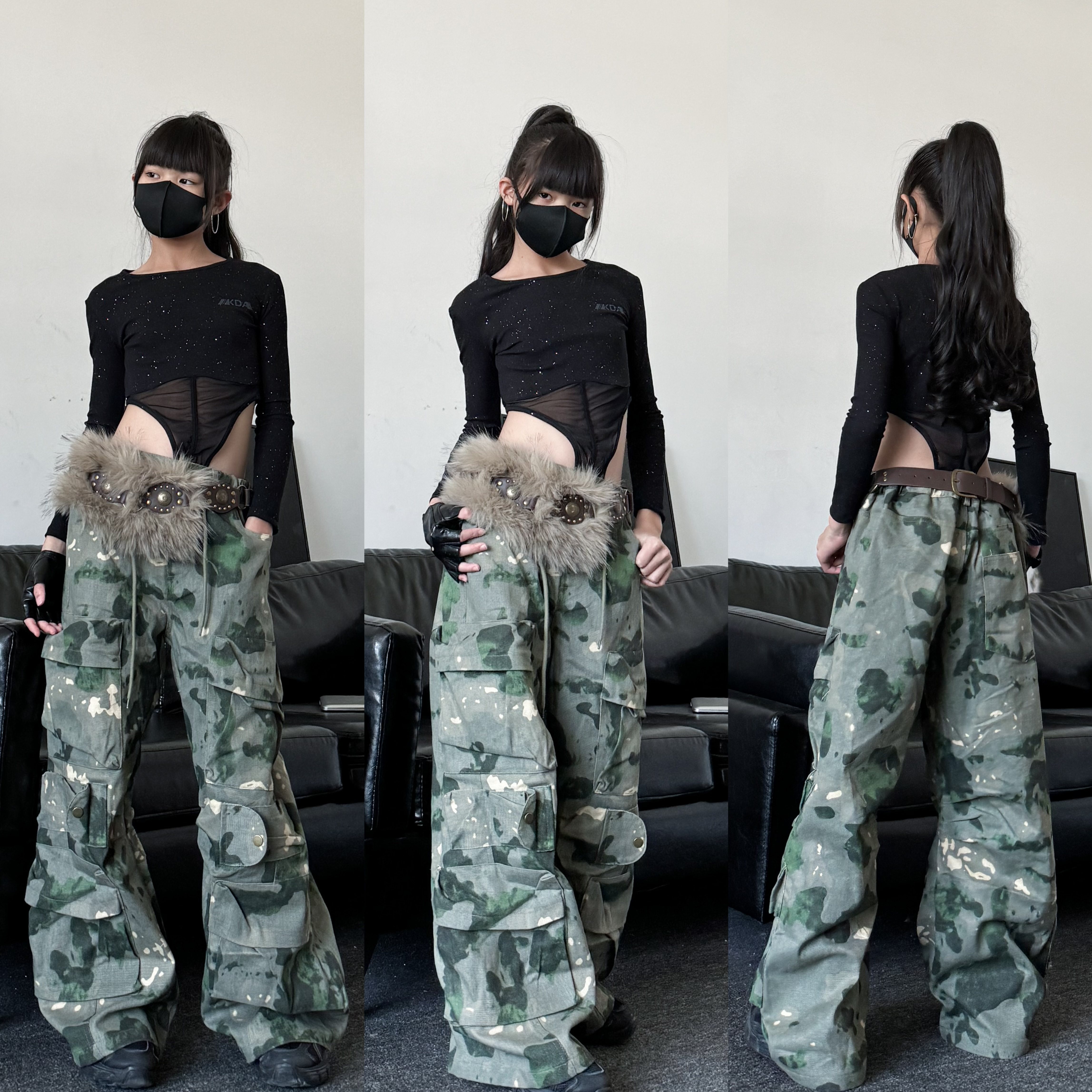 春秋新款女童爵士舞连体上衣皮草腰封迷彩裤子少儿街舞演出服套装