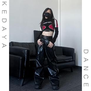 2025春夏新款潮酷女童爵士舞露脐T恤皮裤套装少儿女团街舞演出服