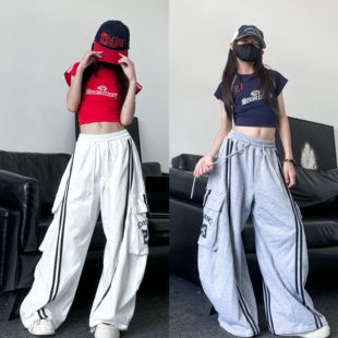 2025春夏新款女童美式短袖T恤宽松运动卫裤女团爵士舞演出服套装