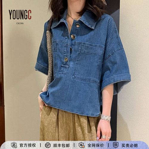 法国设计师宽松落肩牛仔衬衫短袖